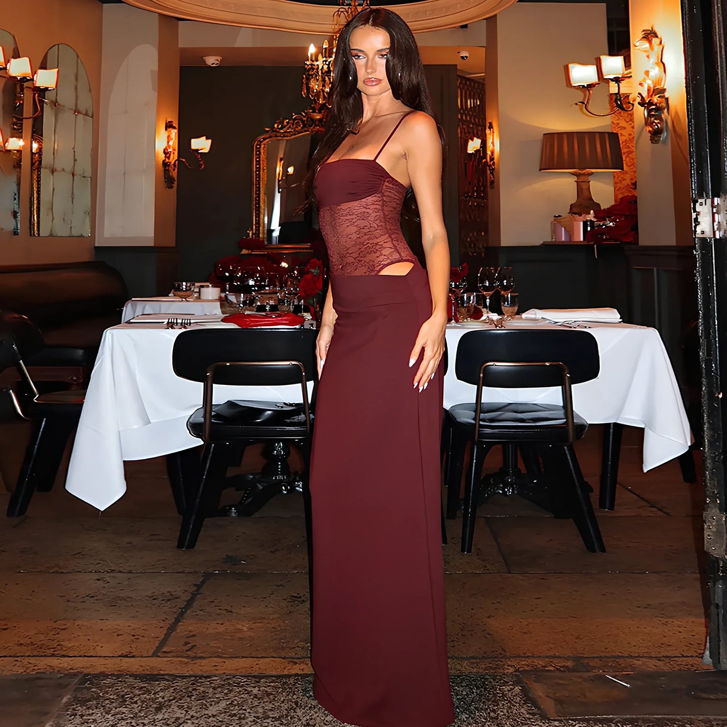 Y2K lace suspender long dress in black, high waist 64cm, length 140cm, sleeveless for party wear