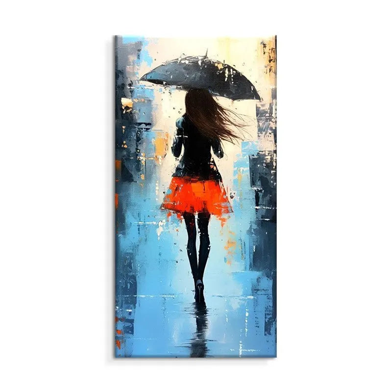 Hand painted modern abstract people walk rain oil painting on canvas wall art