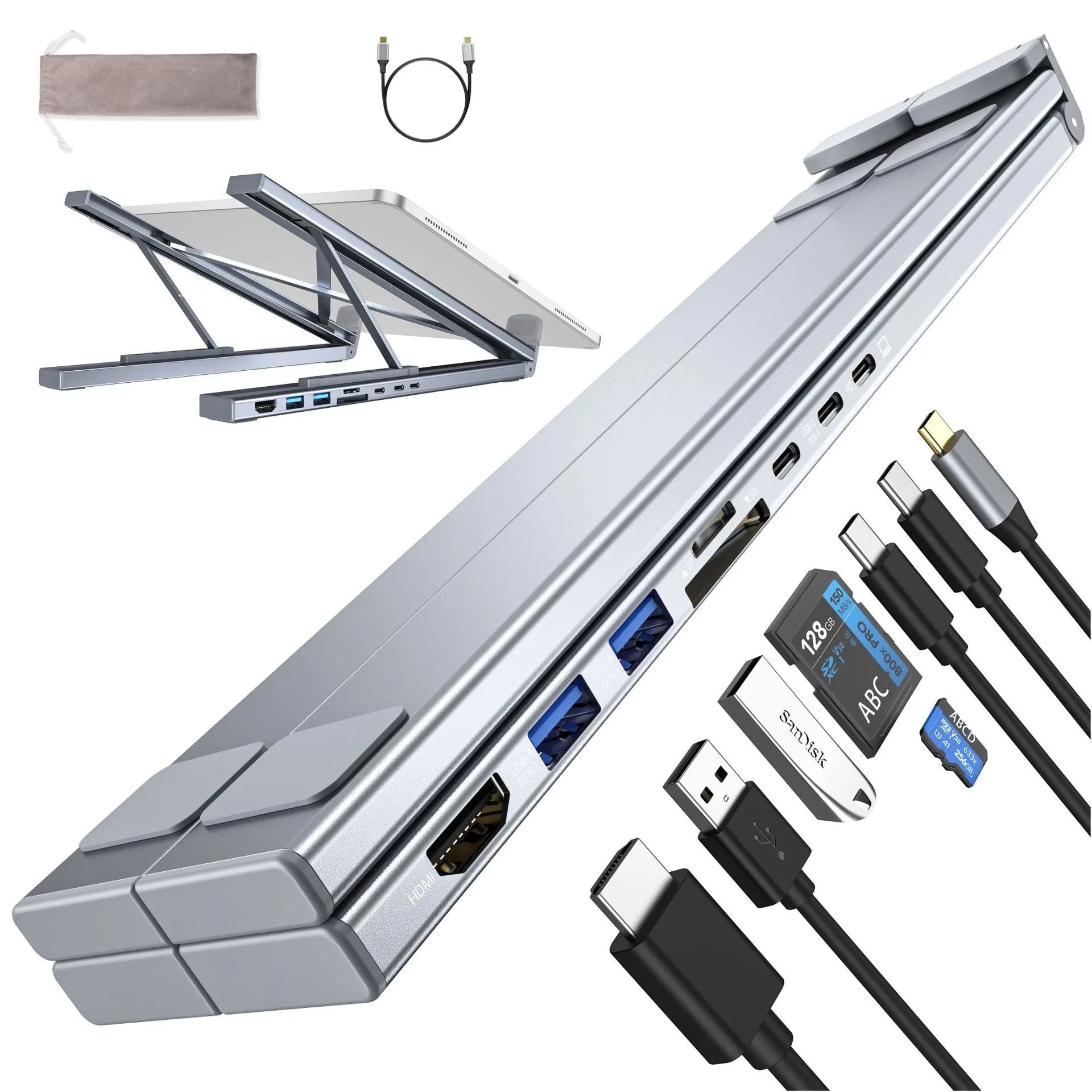 Aluminium alloy folding laptop docking station and stand in silver, shown with multiple USB and HDMI ports.