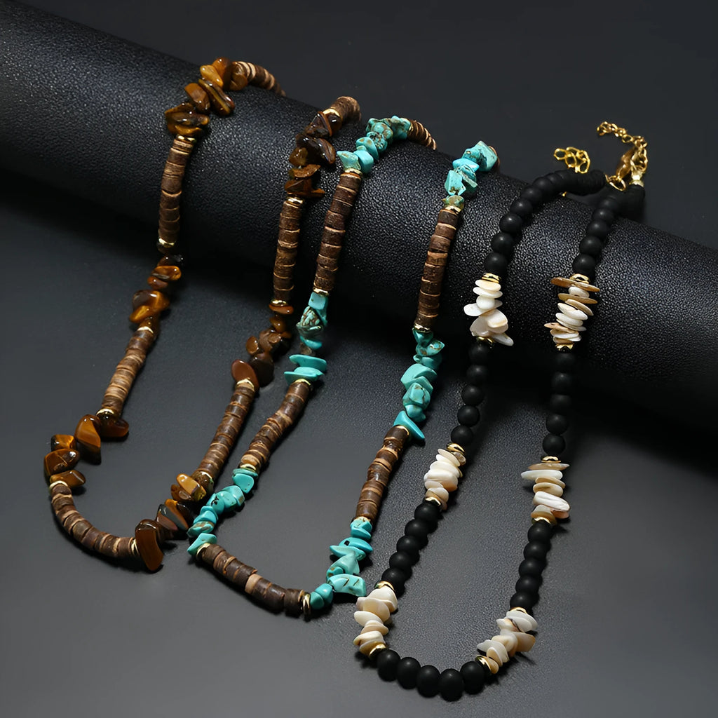 Bohemian punk necklace for men hand-woven coconut shell beads crystal pendant turquoise colour geometry ellipse shape 41-50cm