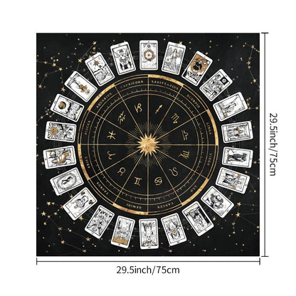 Decorative tablecloth with mandala moon phase and floral butterfly designs for tarot and board games