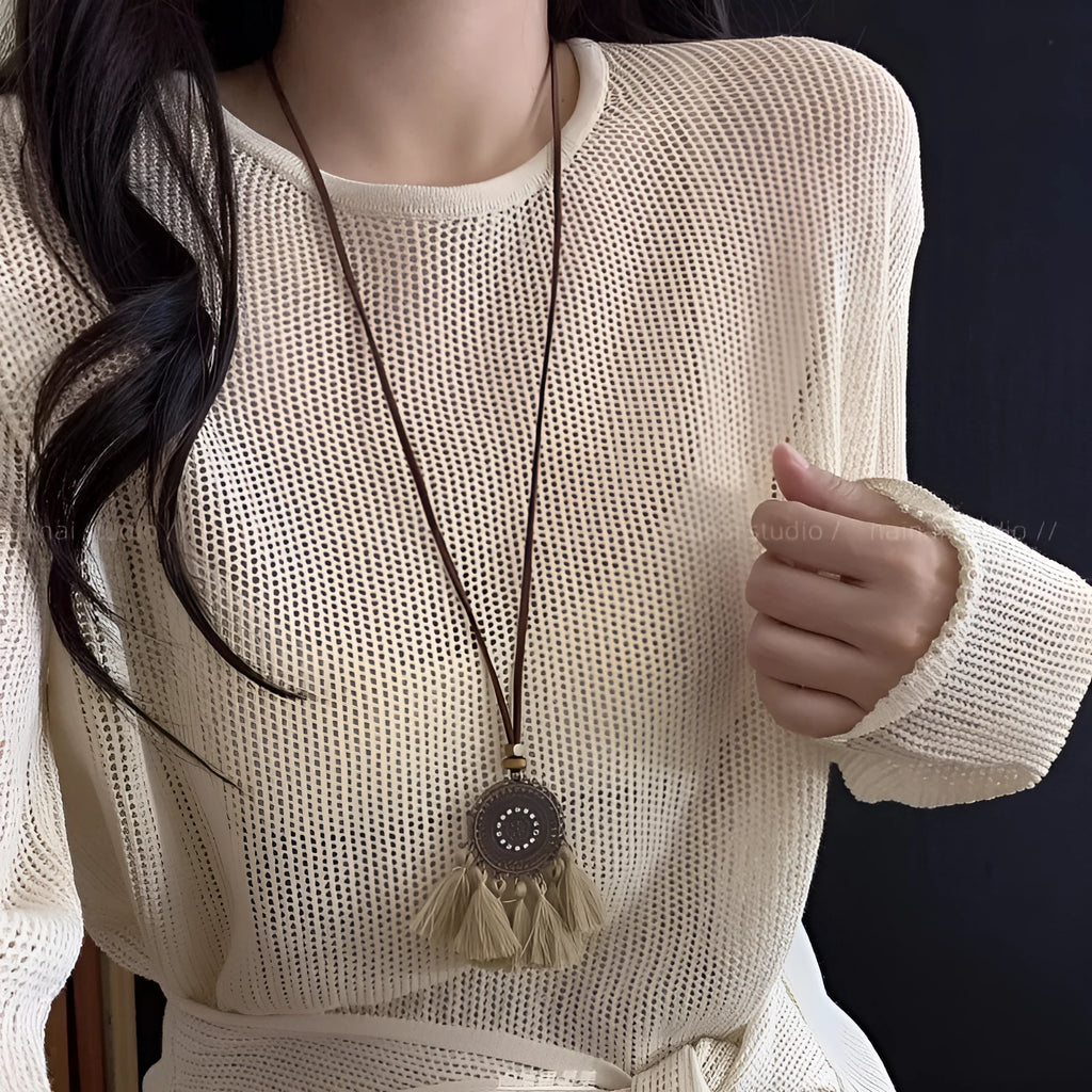 Retro ethnic style tassel long pendant necklace with copper alloy and acrylic in dreamcatcher colour