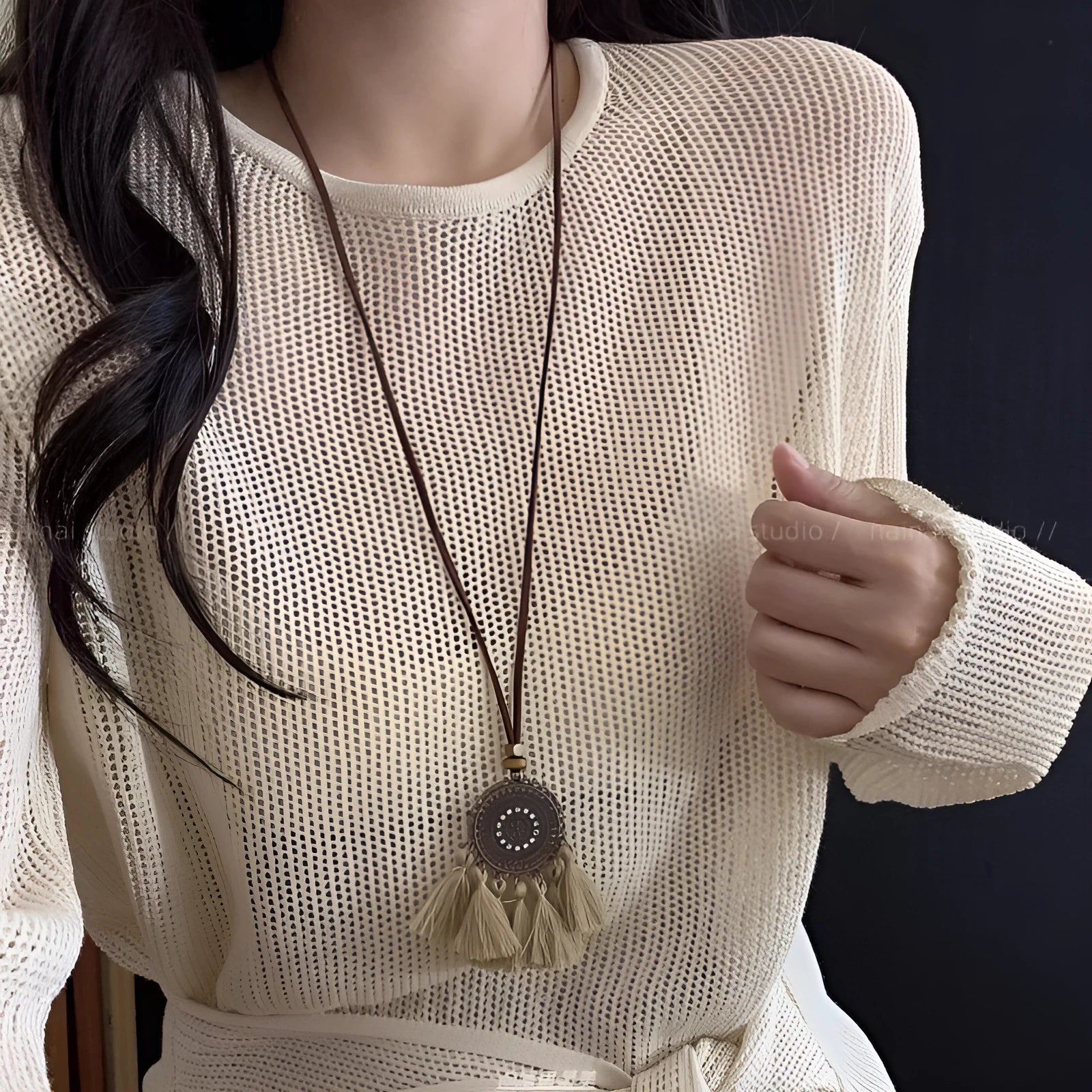 Retro ethnic style tassel long pendant necklace with copper alloy and acrylic in dreamcatcher colour