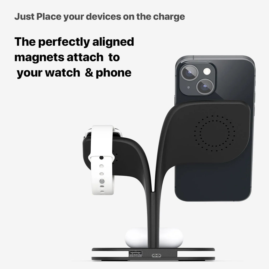 Black 3-in-1 desktop wireless charger stand showing phone, headphones, and watch on their respective charging pads.