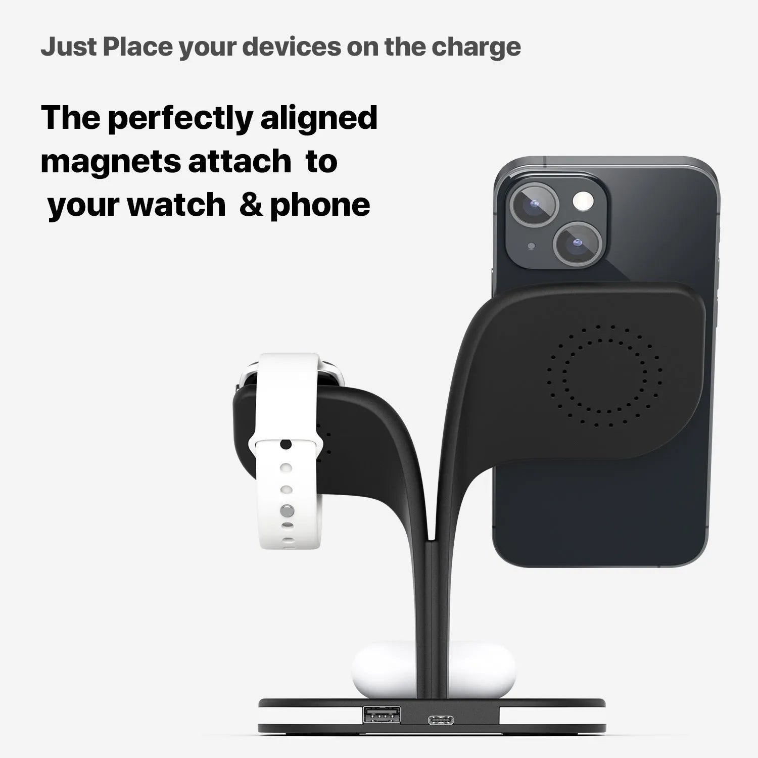 Black 3-in-1 desktop wireless charger stand showing phone, headphones, and watch on their respective charging pads.
