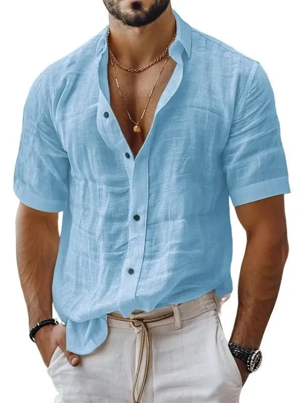 Men's solid colour short sleeve lapel shirt in a cotton linen blend fabric on a hanger.