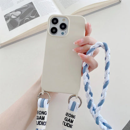 Woven fabric silicone phone case with cross-body lanyard in pink, purple, or antique white colours
