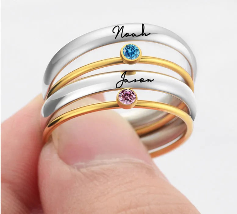 Yellow titanium steel ring with a December birthstone and engraved geometric pattern.