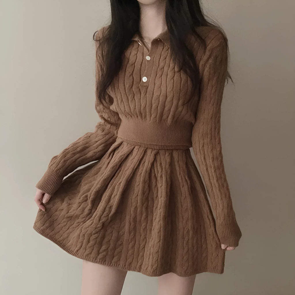 Women's knitted sweater and pleated skirt slim fit matching set in apricot with splicing design