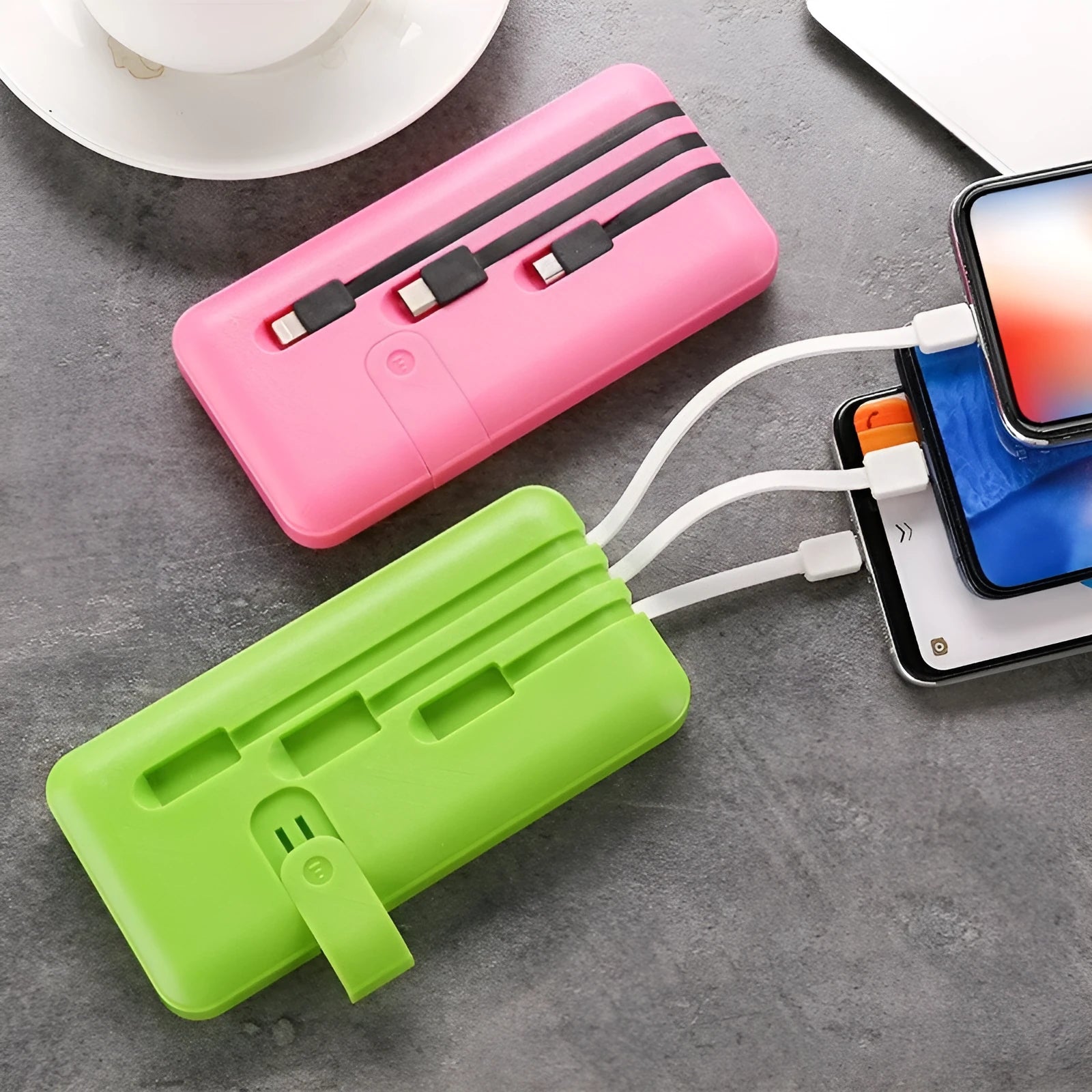 10000mAh three-wire power bank with multi-U port output in pink plastic shell