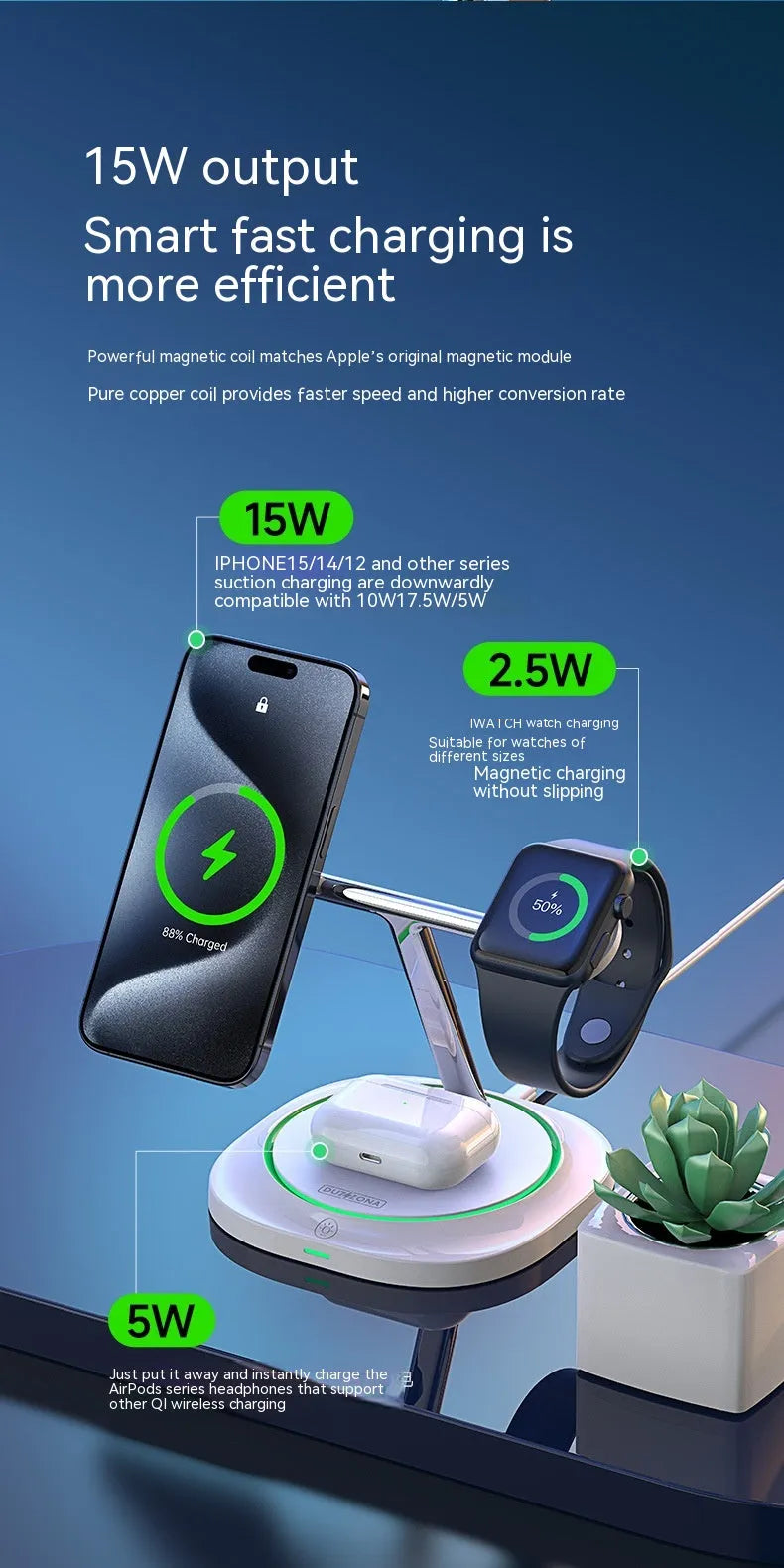 White three-in-one 15W magnetic suction wireless charger for phone earphone and watch on desk