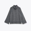 Women's casual loose stand-neck knit sweater in grey with contrast stripes, front view