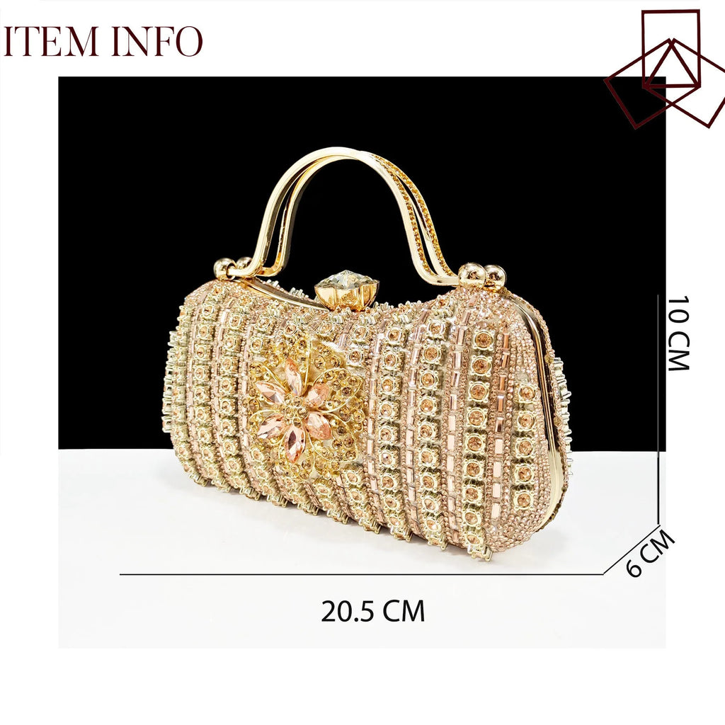 Women's black high heel and clutch bag set with rhinestone ankle chain and floral metal decoration.