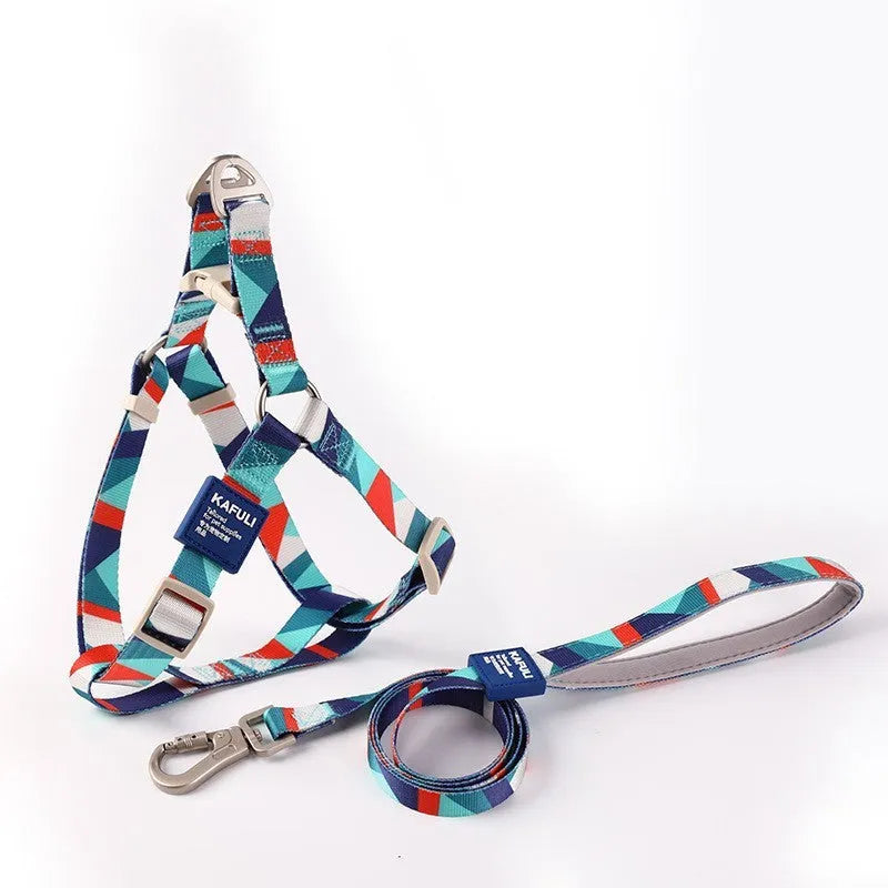 Blue polyester dog harness and leash set with padded rope and adjustable chest strap