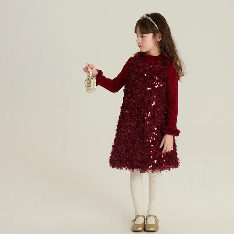 Red winter cotton padded sequin girls vest dress set with matching sweater on child model