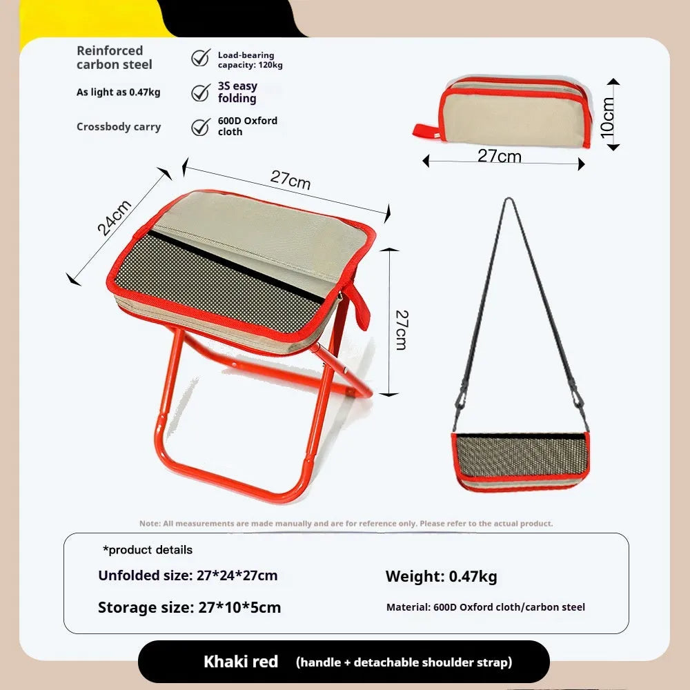 Lightweight foldable camp chair stool in oxford cloth shown in khaki colour, folded compactly.