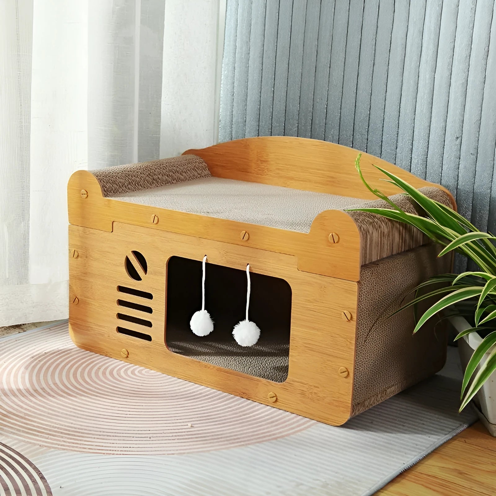 Double-layer corrugated paper cat house with double ball double door design in extra-large 30cm size