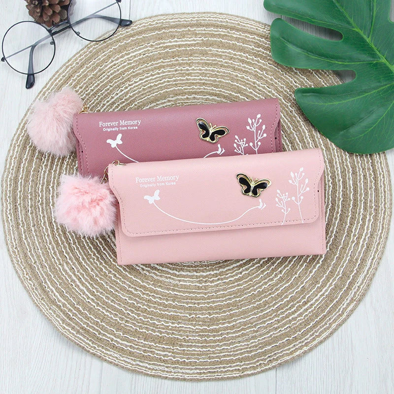Ladies PU leather long hair ball bow purse with magnetic buckle in various colours