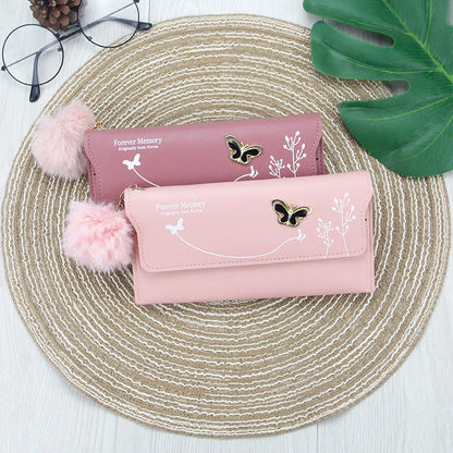 Ladies PU leather long hair ball bow purse with magnetic buckle in various colours