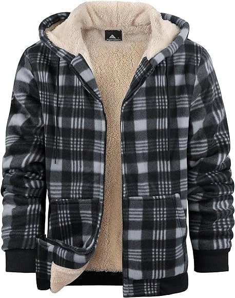 Men's plaid print hooded zip-up winter jacket with thickened cotton padding