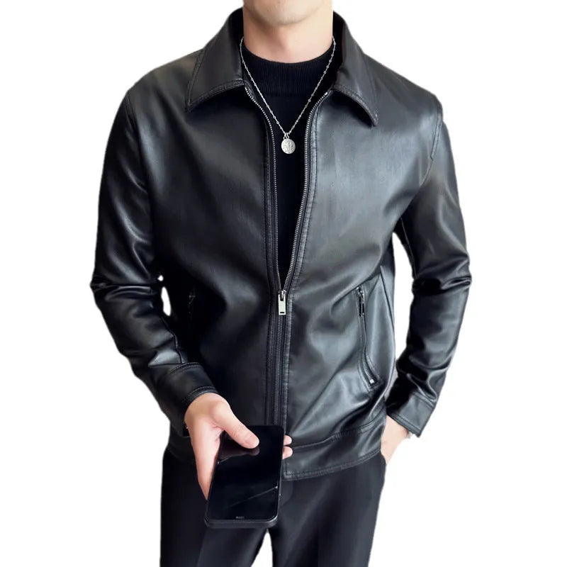 Men's black PU leather casual jacket with a zipper pocket on a hanger.