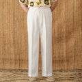 Linen high waist trousers with elasticated lace waistband in straight-leg cut