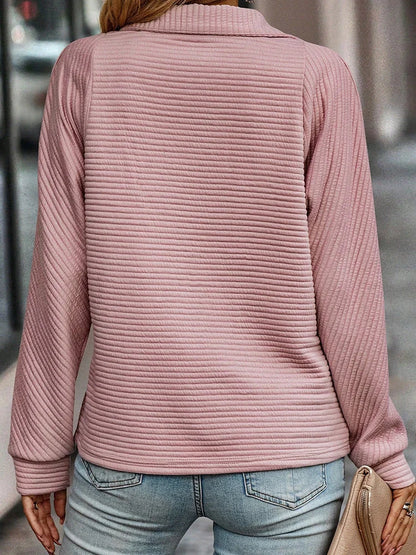 Women's zipper stand collar pullover sweatshirt with striped long sleeve in various colours