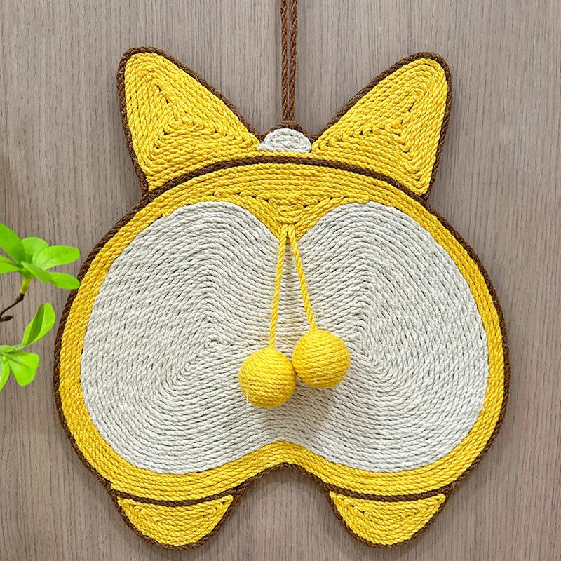 Yellow sisal cat scratching board with corgi design and anti-slip base measuring 37x40cm