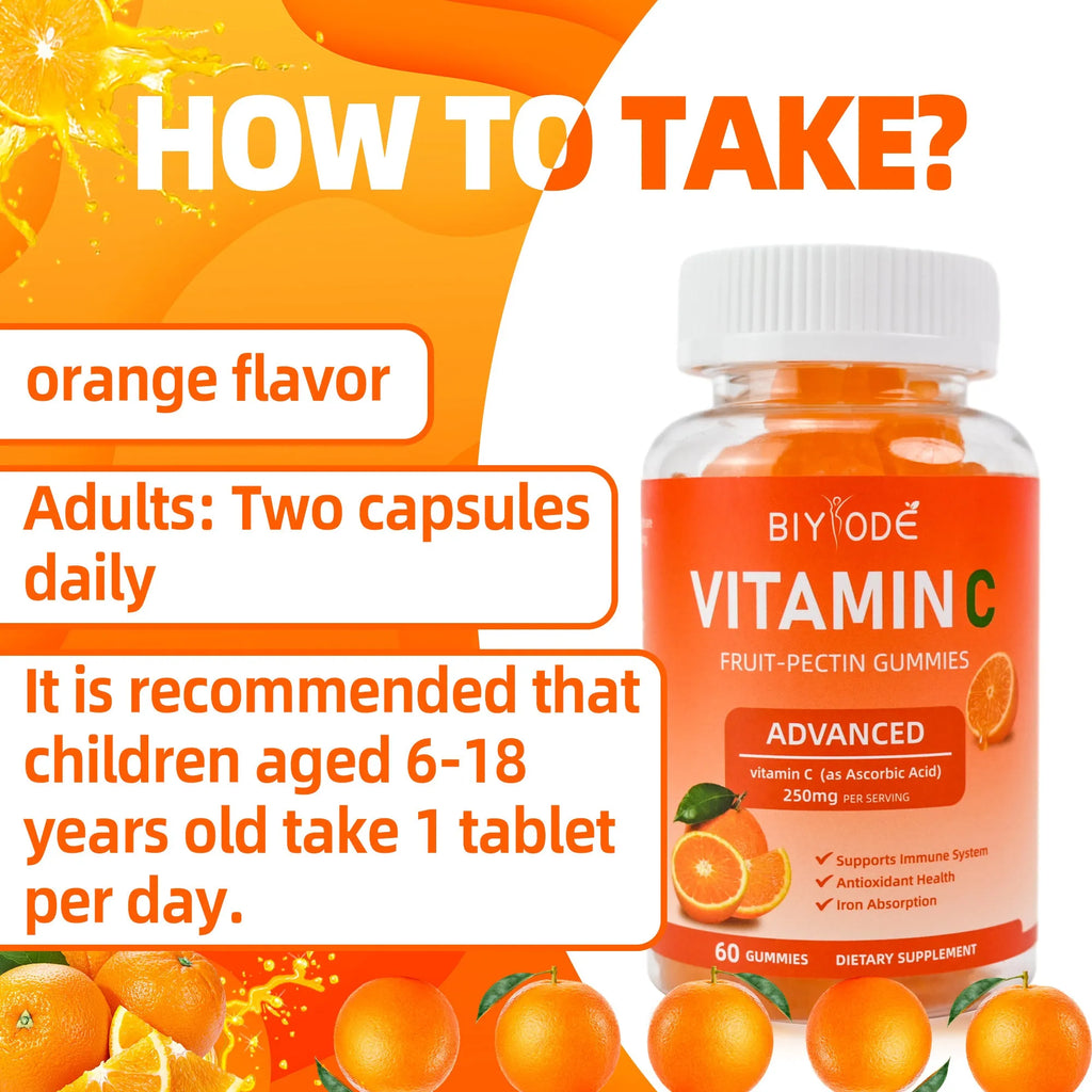 Vitamin C gummies in a bottle, vegan sugar-free immune support supplement, 60 gummies per container