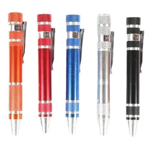 Aluminium alloy pen-style 8-in-1 screwdriver set with multiple bits and 107mm shaft.