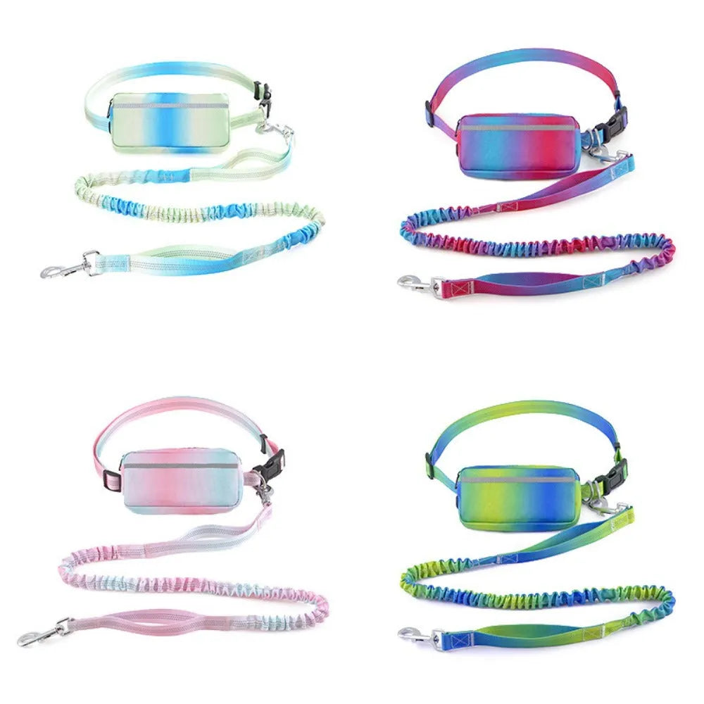 Blue hands-free adjustable dog leash with waist belt, shown extended to full length.