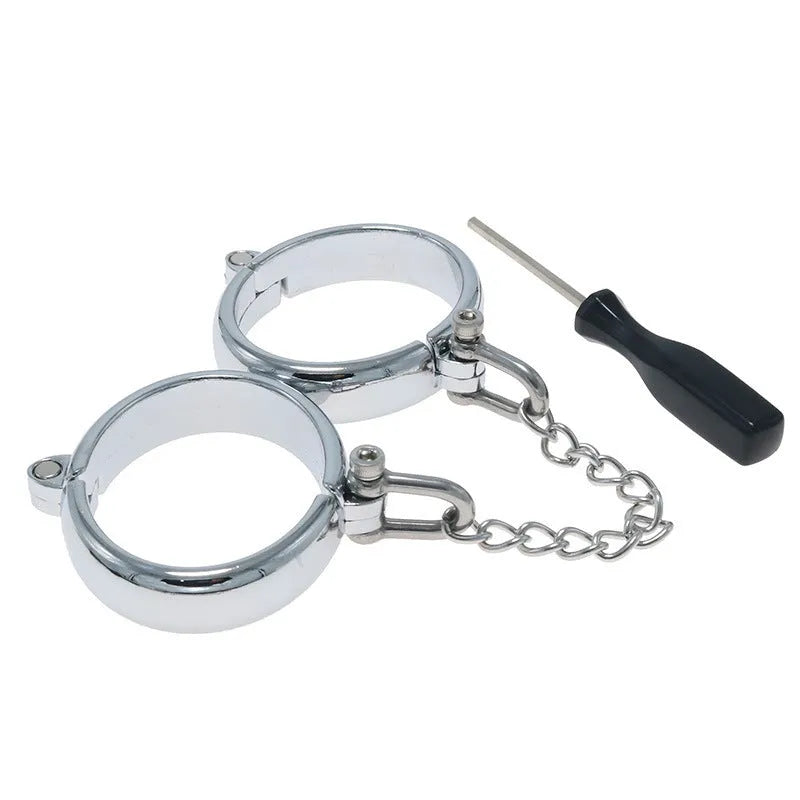 Silver zinc alloy handcuffs and footcuffs with stainless steel chain links bondage set