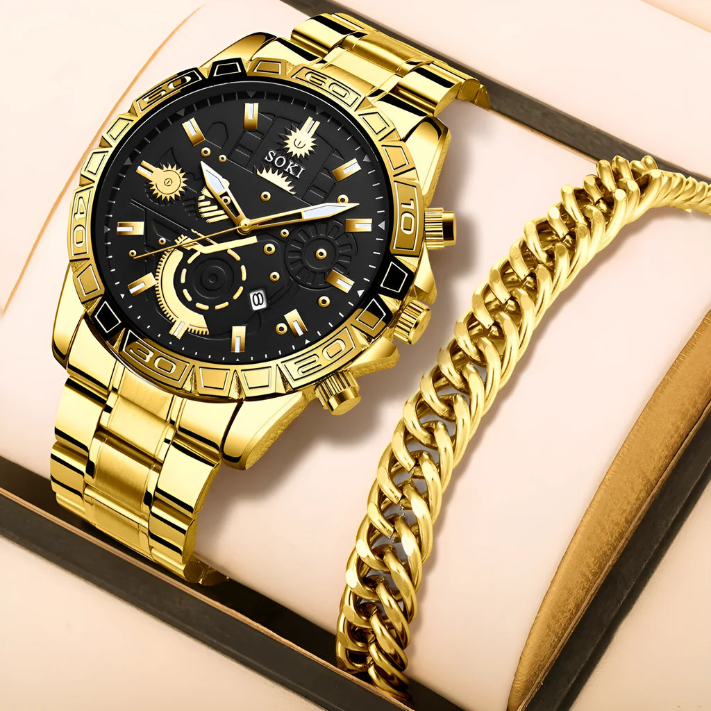 Men's gold-coloured stainless steel business watch with calendar on dial