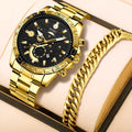 Men's gold-coloured stainless steel business watch with calendar on dial
