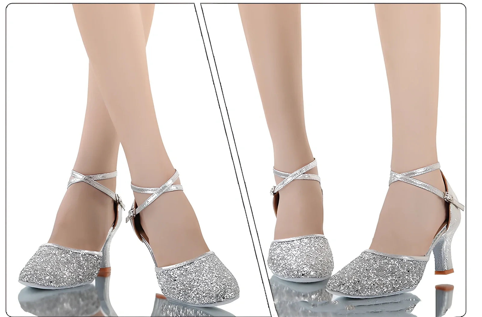 Women's silver high-heeled Latin dance shoes with 7cm heel, sequins, pointed toe, size 36-41