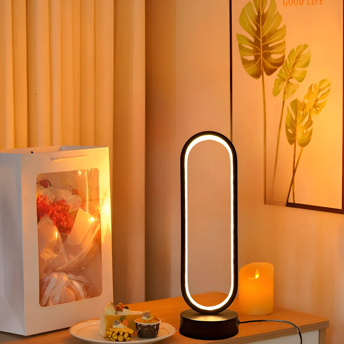 USB LED night lamp ring dimming black white acrylic iron 32 cm decorative wall light