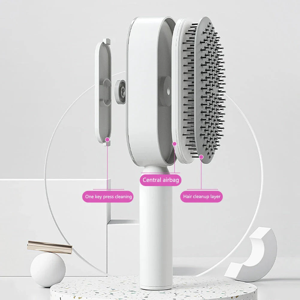 3D Air Cushion Hair Brush in elegant white, showcasing wide comb teeth and ergonomic handle