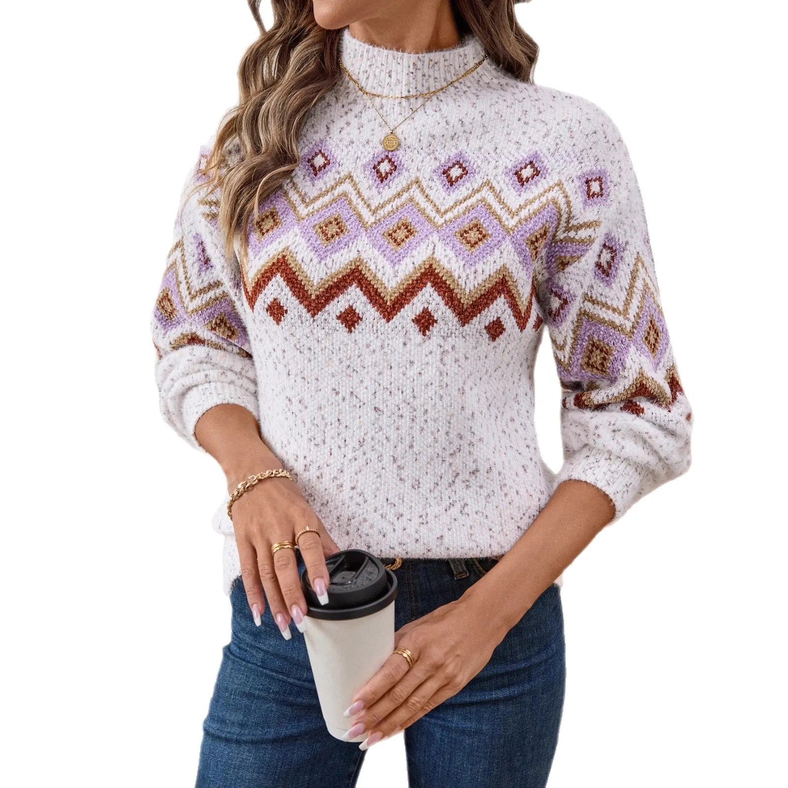 White geometric jacquard half turtleneck sweater with loose fit and long sleeves