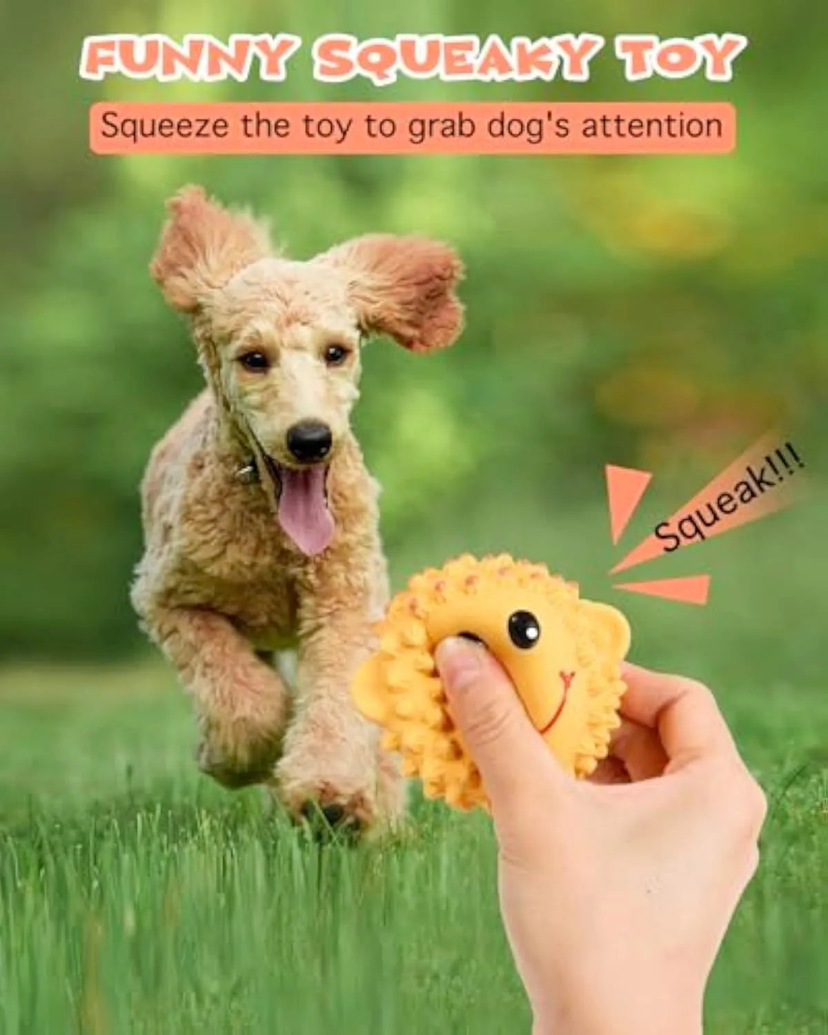 Orange and yellow latex squeaky dog toy with spiky texture for teeth cleaning
