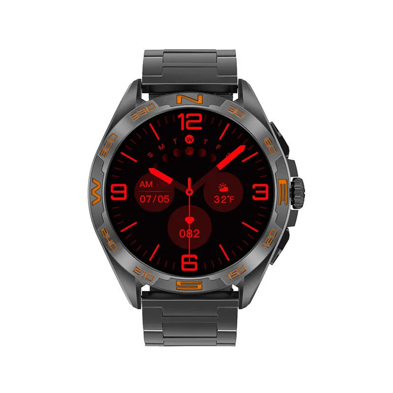 Black steel smart watch for men showing display with heart rate and Bluetooth calling icons.