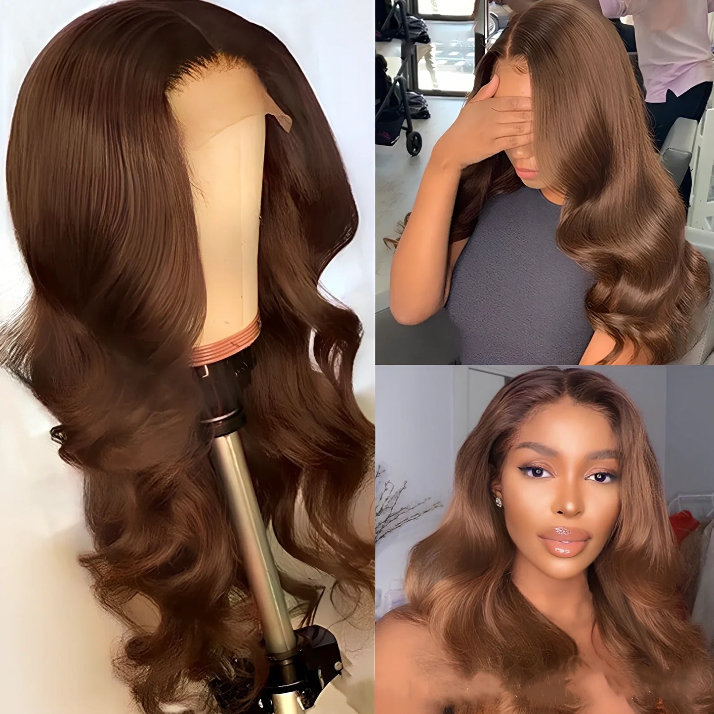 Brown human hair wig with 150% density, 13x6 lace front, lengths 8-30 inches for natural blending