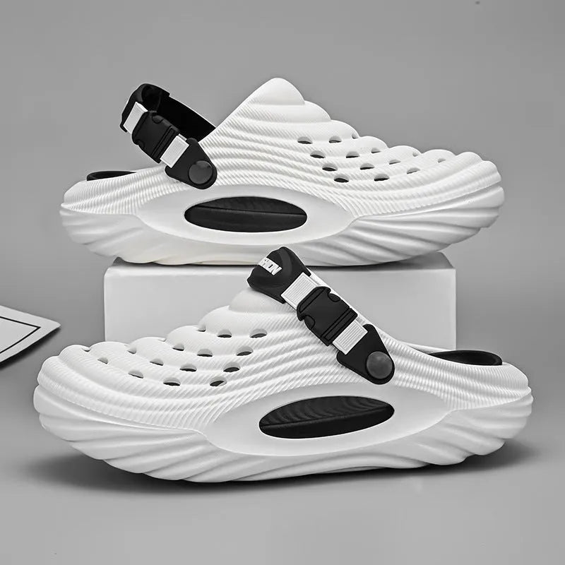 Men's white EVA platform slippers with hollow out design on a casual background