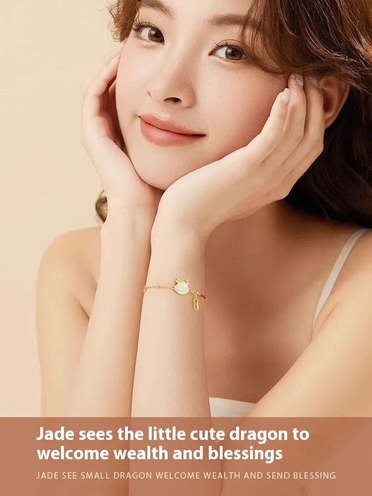 Women's silver-plated Dragon zodiac bracelet with Hetian jade and New Chinese style design