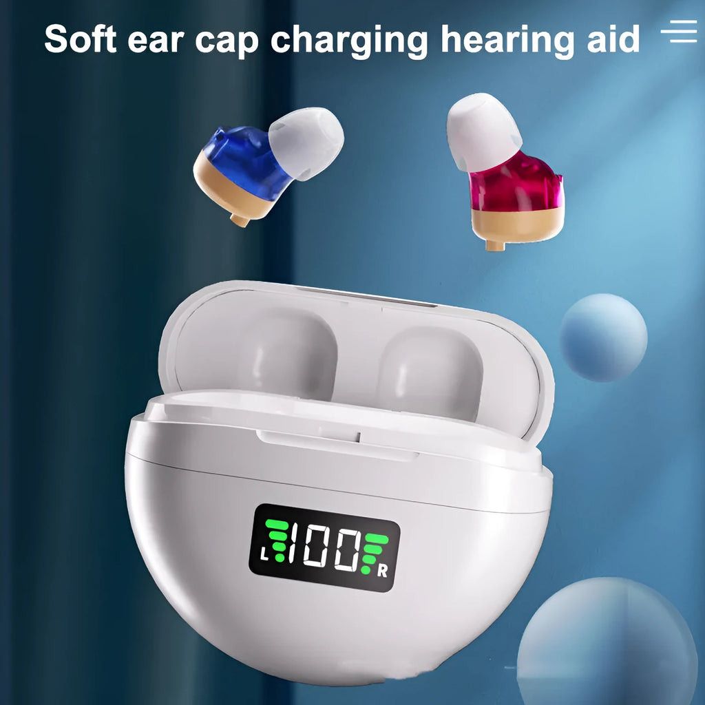 New charging hearing aid with digital display, noise reduction, suction design, red blue colour, USB powered, for elderly use