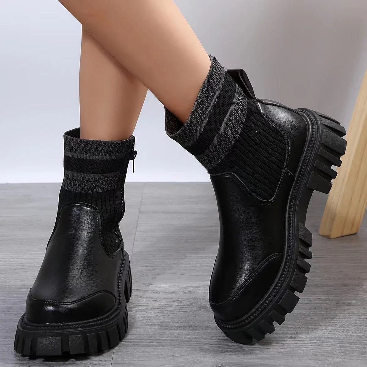 Stylish zipper boots with non-slip rubber sole, knitted patchwork upper, and round toe design for women