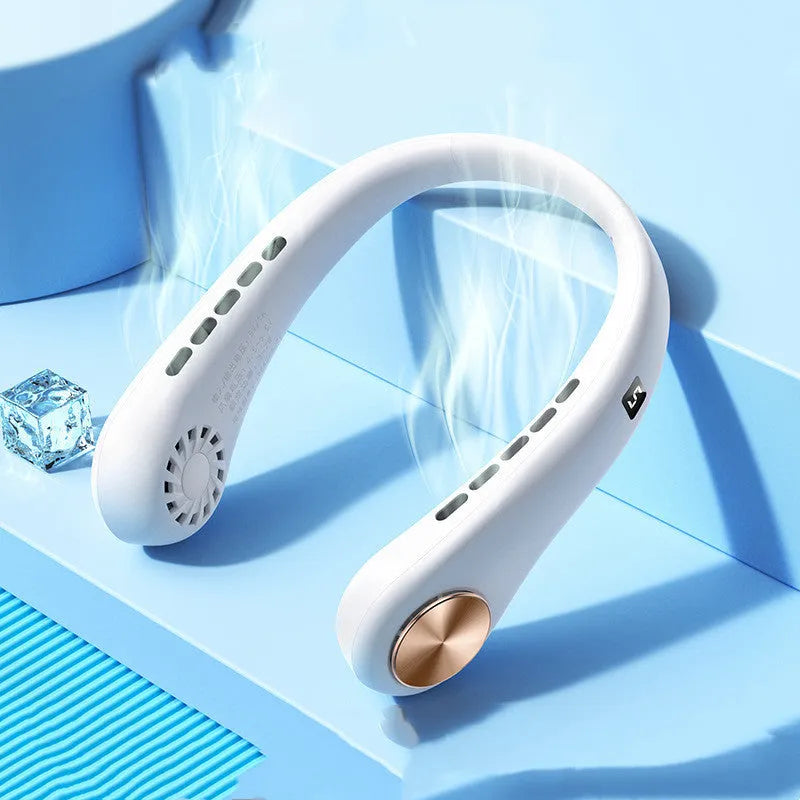 White bladeless neck fan hanging around person's neck showing flexible snake shape design