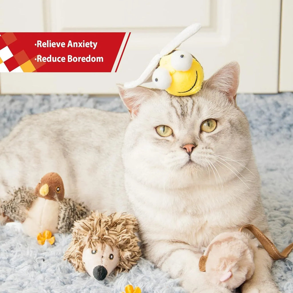 Yellow flannelette bee-shaped interactive cat toy with motion-activated sound electronics