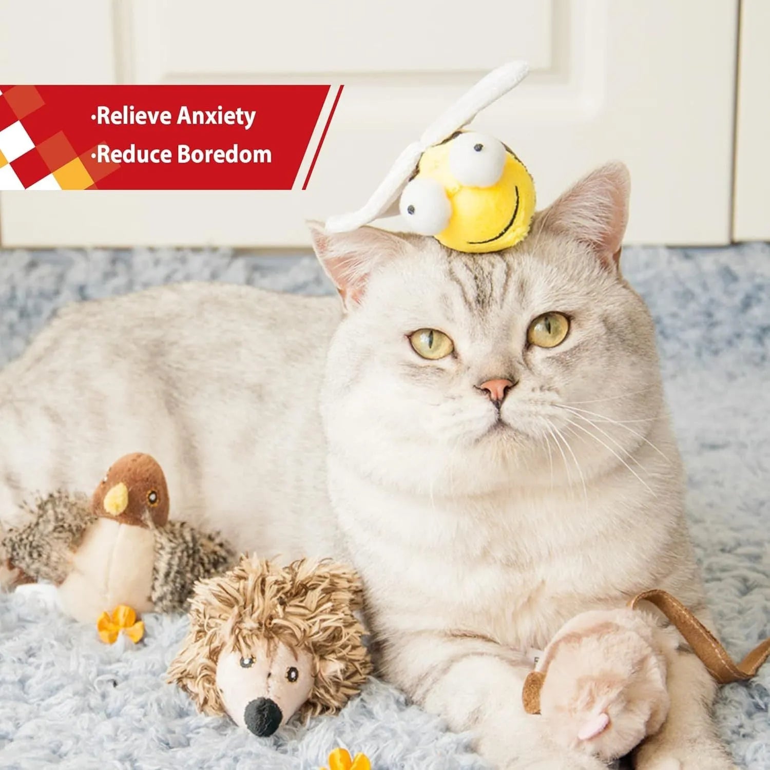 Yellow flannelette bee-shaped interactive cat toy with motion-activated sound electronics