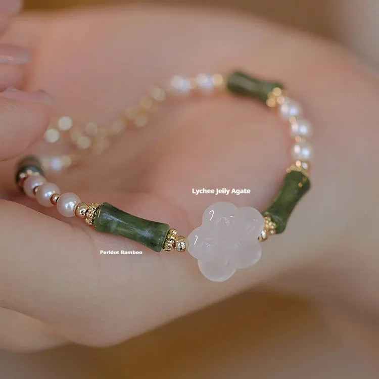 Olive green Hetian jade and copper bead bamboo joint bracelet with antique finish