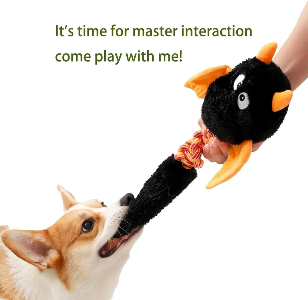 Interactive plush dog toy with squeaker and crinkle paper in black, green, or red, measuring 44cm.